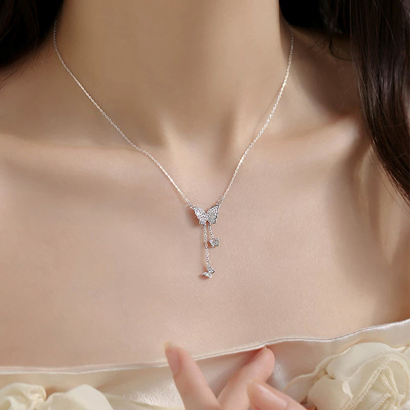 Pavé Triple Butterfly Tassel Necklace, Multi-Size Butterfly Drop Collarbone Chain, Gold & Silver Options