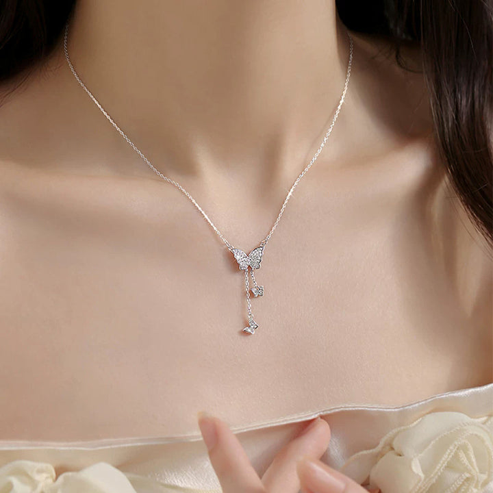 Pavé Triple Butterfly Tassel Necklace, Multi-Size Butterfly Drop Collarbone Chain, Gold & Silver Options