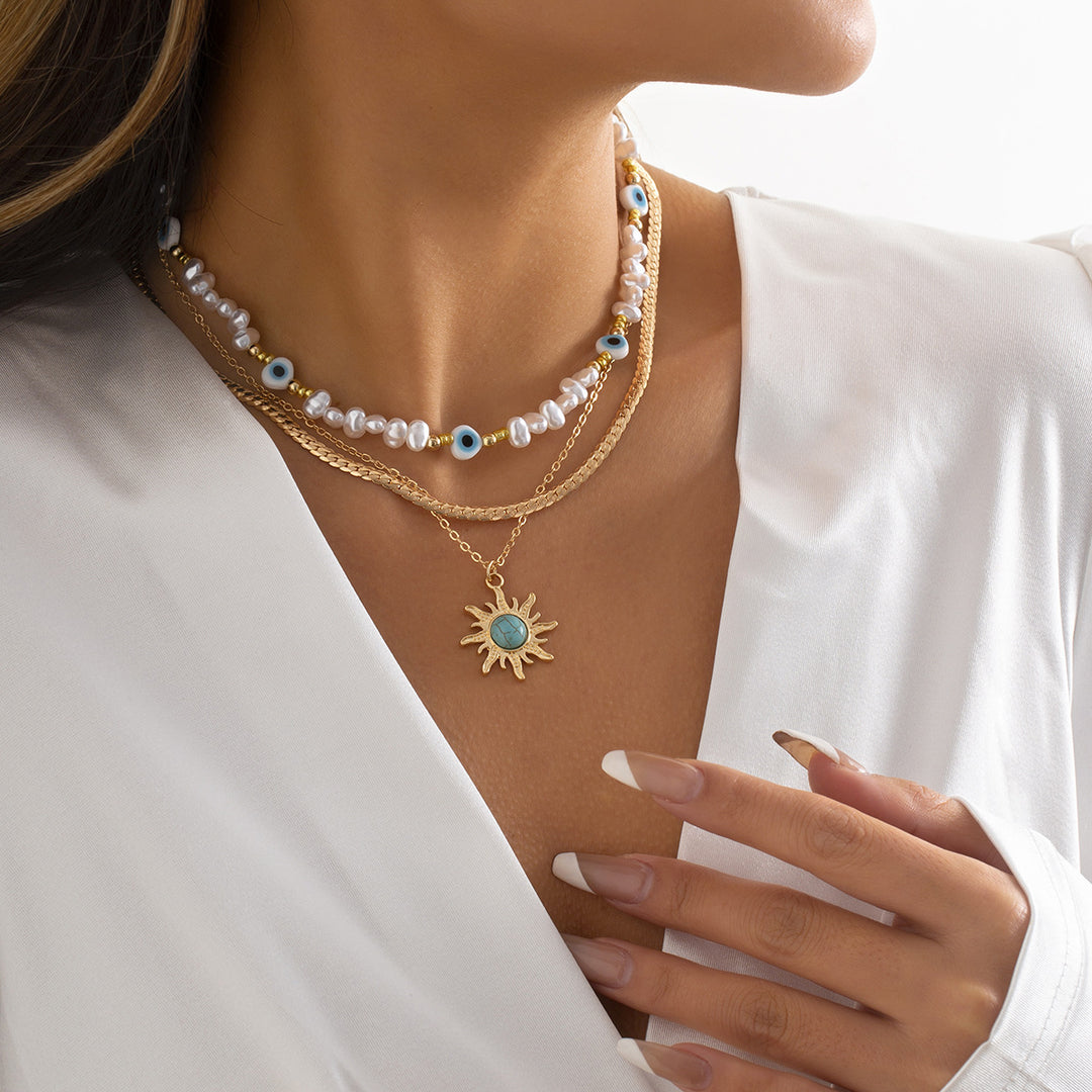 Vintage Eight-Pointed Star Layered Long Pearl Necklace