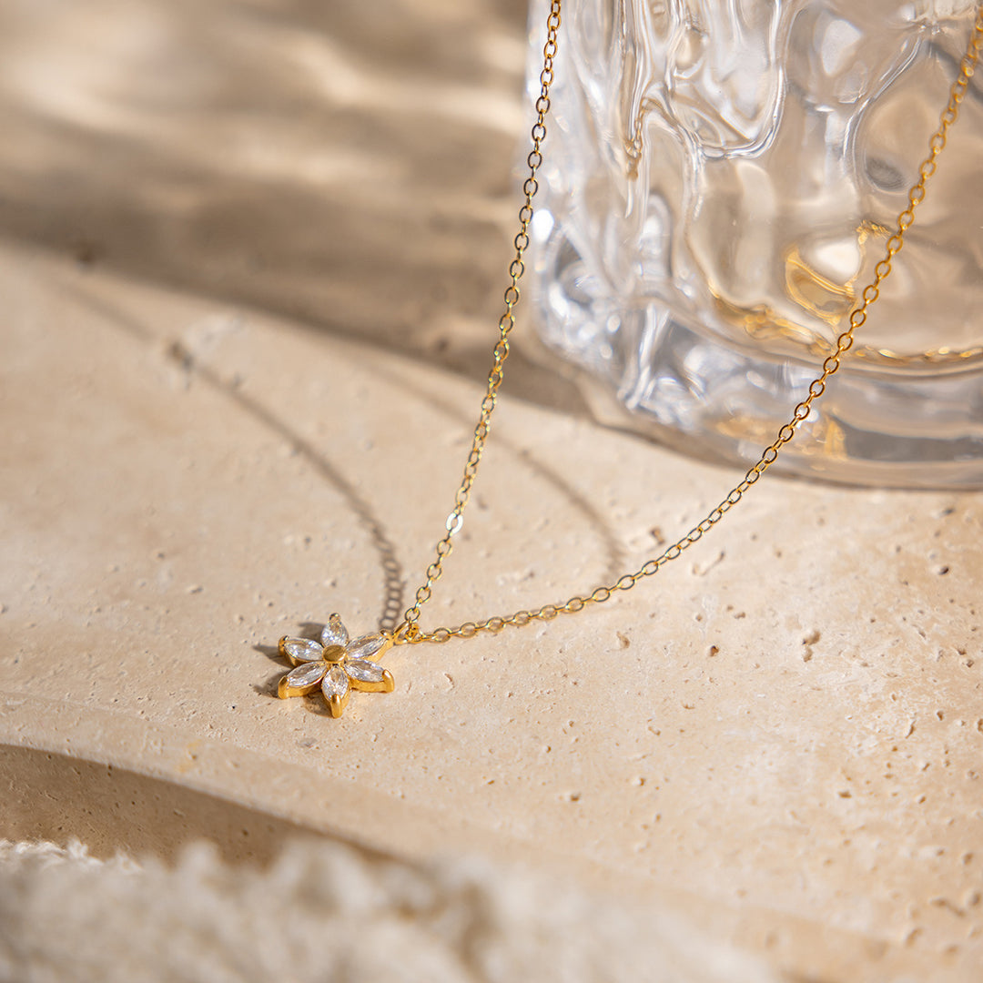Marquise Diamond 5-Petal Flower Collarbone Necklace, Multi-color Dainty Floral Chain, Gold & Silver Two-Tone Elegant Ladies Jewelry