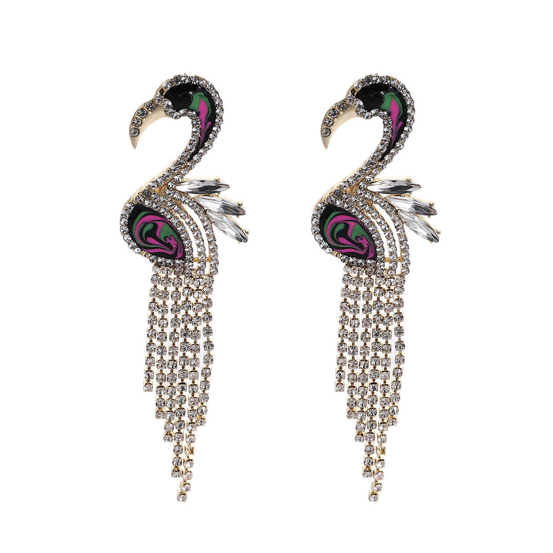 Heavy Craft Flamingo Paved Crystal Tassel Earrings, Color Enamel Mixed Rhinestone Long Bold Banquet Statement Jewelry Two Styles