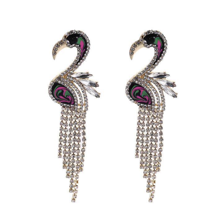 Heavy Craft Flamingo Paved Crystal Tassel Earrings, Color Enamel Mixed Rhinestone Long Bold Banquet Statement Jewelry Two Styles