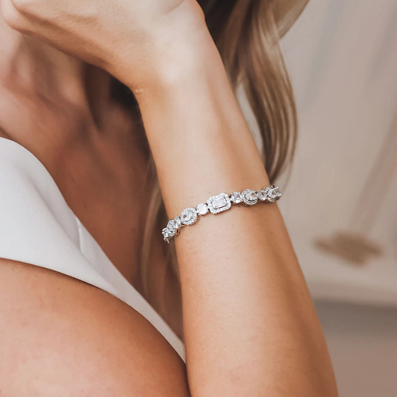 Square & Oval Halo Diamond Tennis Bracelet, Luxury European Full Diamond Gold-Plated Elegant Bracelet for Women
