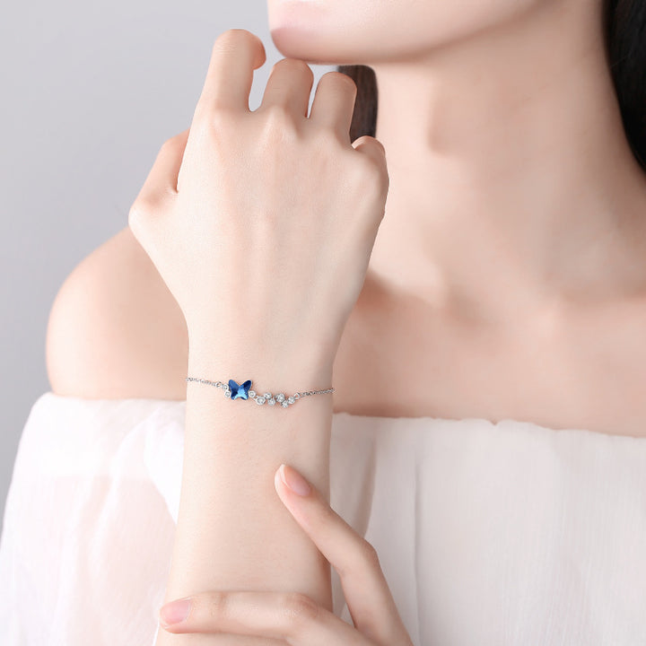 S925 Sterling Silver Blue Butterfly Crystal Bracelet for Women