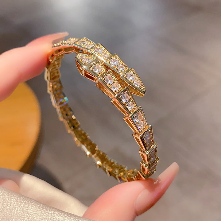 Segmented Snake Diamond Open Bangle, Gold Silver Rose Gold Paved Rhinestone Serpent Cuff Bracelet