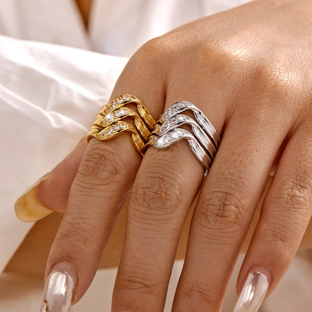 Multi-Layer Wave Diamond Wide Band Ring, European Heavy-Duty Streamlined Textured S925 Silver Ring for Women