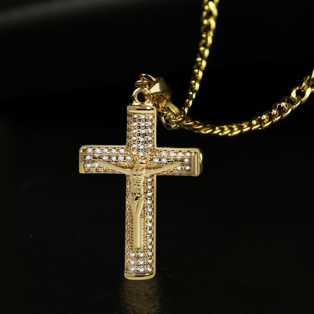 Large Diamond Cross Pendant Necklace with Gold-Plated Cuban Chain