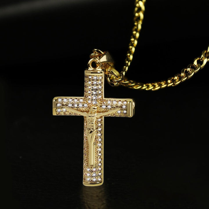 Large Diamond Cross Pendant Necklace with Gold-Plated Cuban Chain