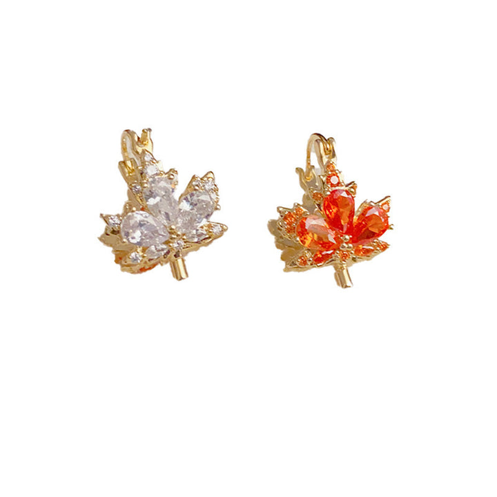 Two-Sided Clear/Orange Diamond Maple Leaf Huggie Earrings (Dual-Color Design (Front and Back))