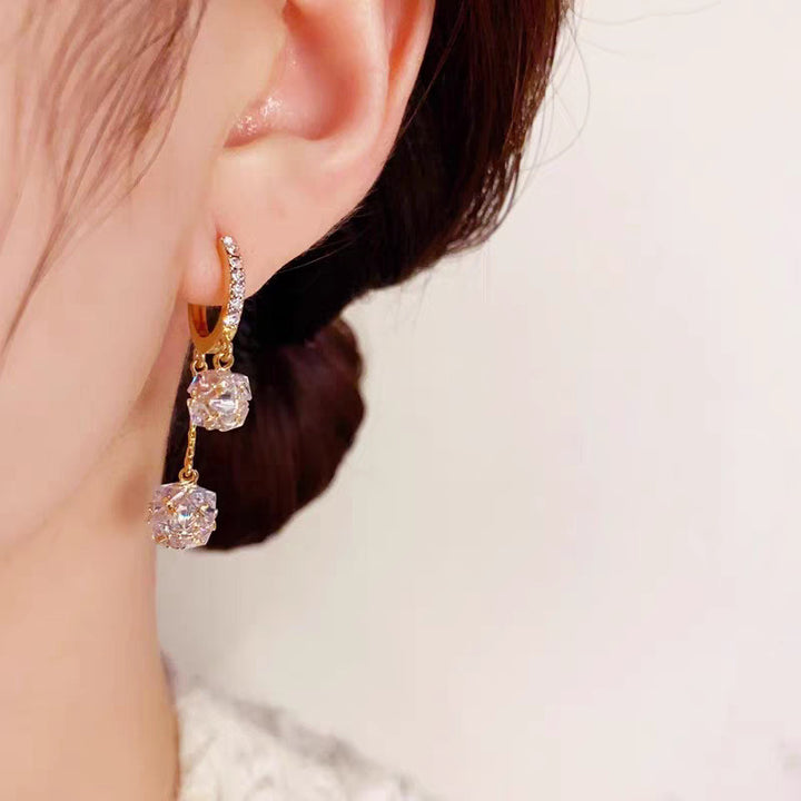 Paved C Hoop Double Ball Dangle S925 Silver Huggie Earrings, Luxury Long Layered Round Diamond Earrings, Clear & Dark Purple Two Tones