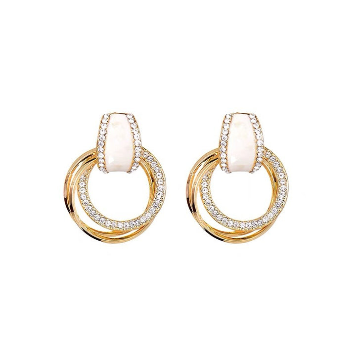 Iridescent Shell & Double Circle Pave Earrings (Light Luxury Minimalist Elegance Style)