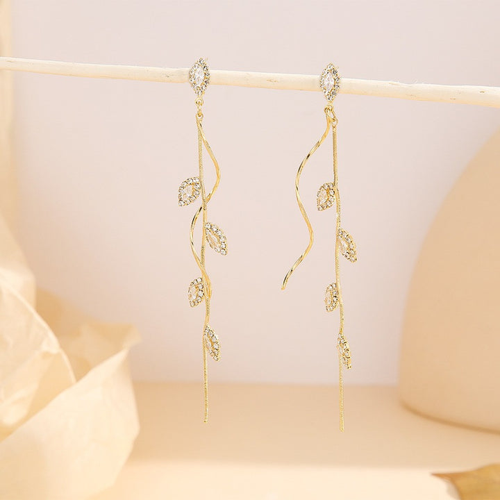 Long Willow Leaf Tassel Diamond S925 Silver Earrings, Elegant Spiral Curve Drop Earrings, Gold & Silver Two Colors Available