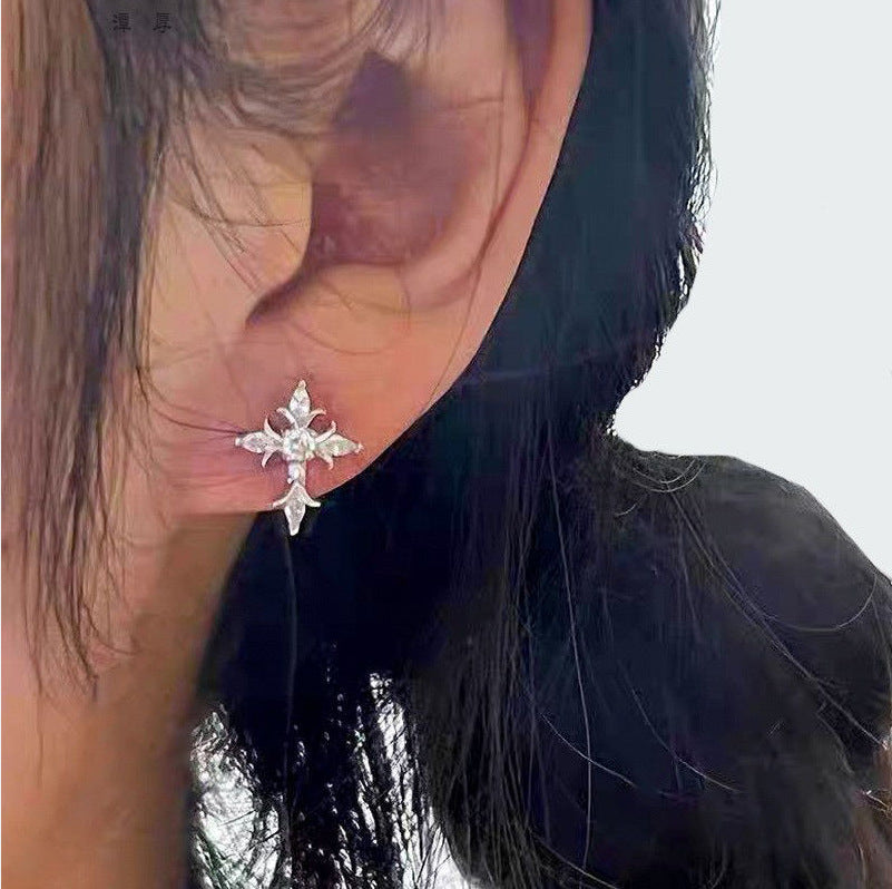 Zircon-Studded Cross Screw Barbell Earrings – Elegant Couple Ear Studs