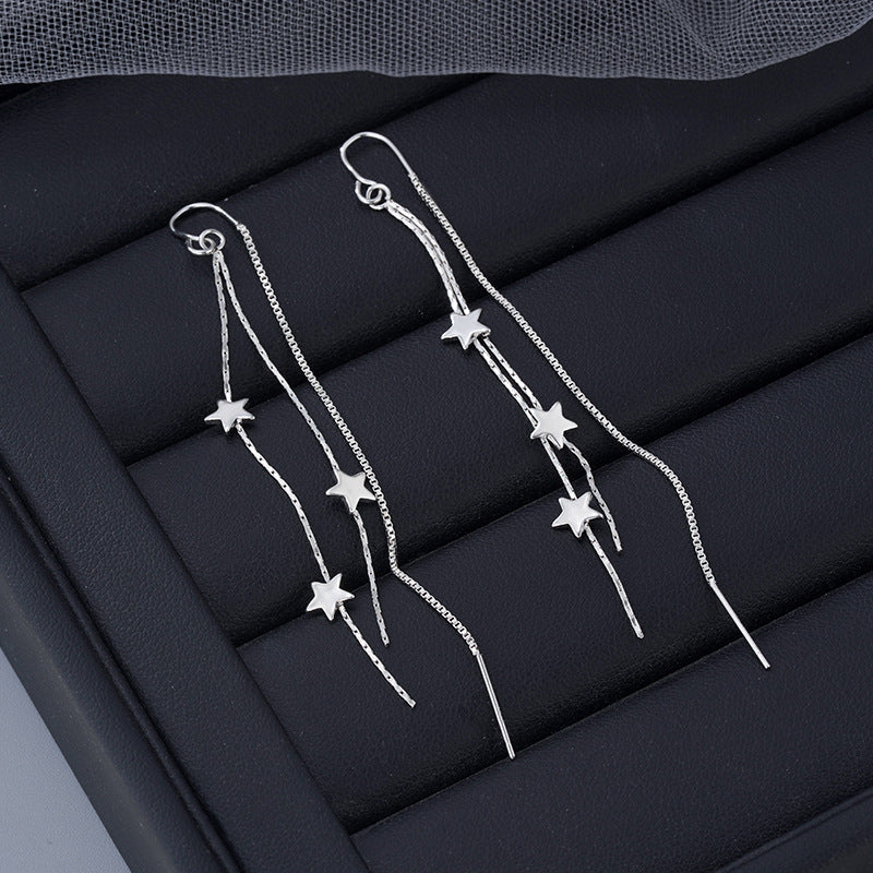 Multi-Layer Star Long Tassel Hook Earrings, Triple Star Snake Chain Slimming Sweet Silver Dangle Jewelry