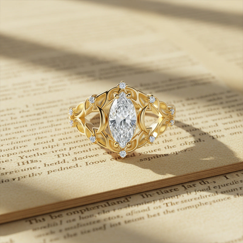14K Gold Twig Marquise Center Diamond Ring (Vintage Palace Luxury Style)