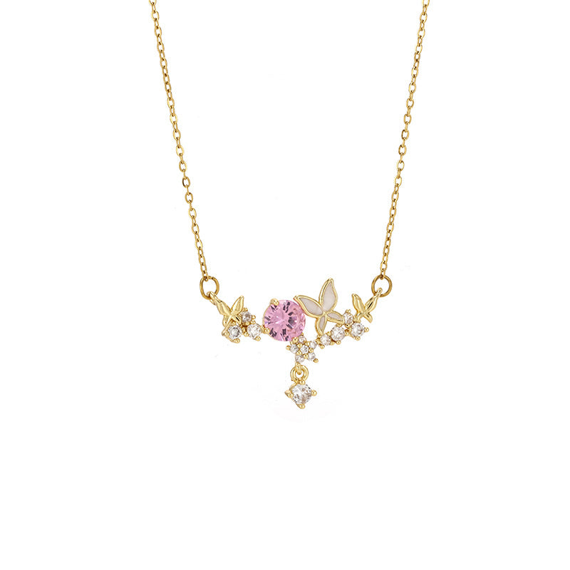 Pink Diamond Butterfly Pendant Necklace (2 Colors Luxury Women's Chain)