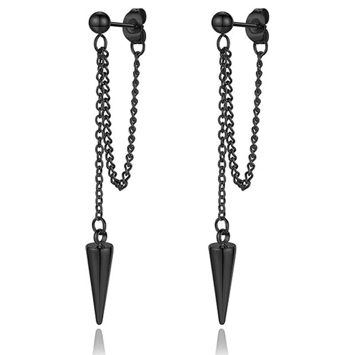 Double Chain Cone Spike Long Stud Earrings, Punk Taper Tassel Jewelry Gold Silver Black S925 Silver Dangles