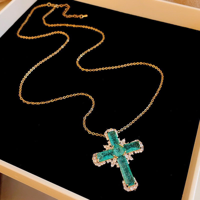 Colored Gem Cross 18K Gold Necklace