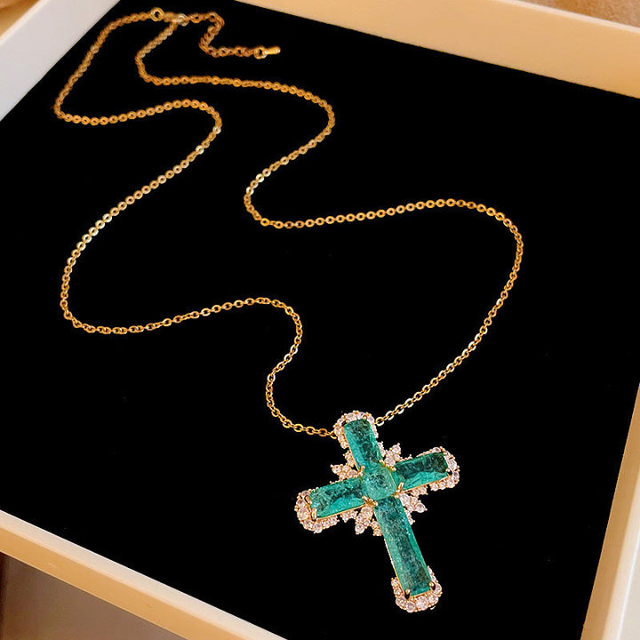 Colored Gem Cross 18K Gold Necklace