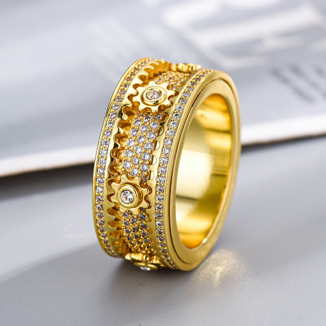Sterling silver mechanical-style starry rotating gear ring