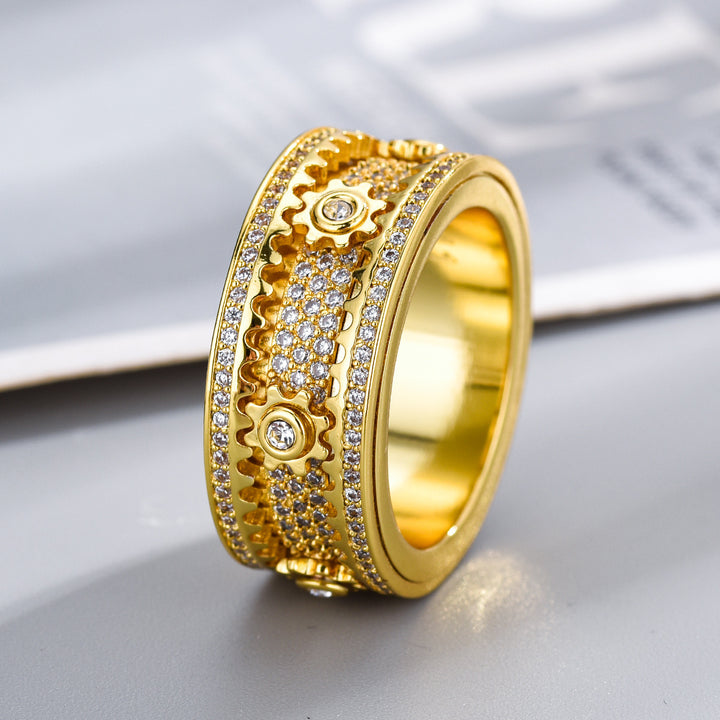 Sterling silver mechanical-style starry rotating gear ring