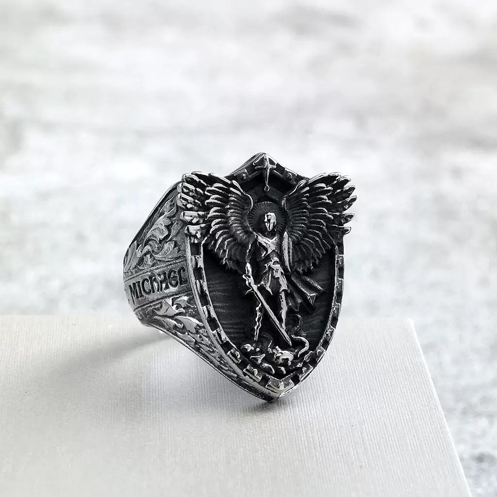 St. Michael Shield Embossed Guardian Signet Ring, S925 Silver Gold Tone / Antiqued Silver Religious Wide Band