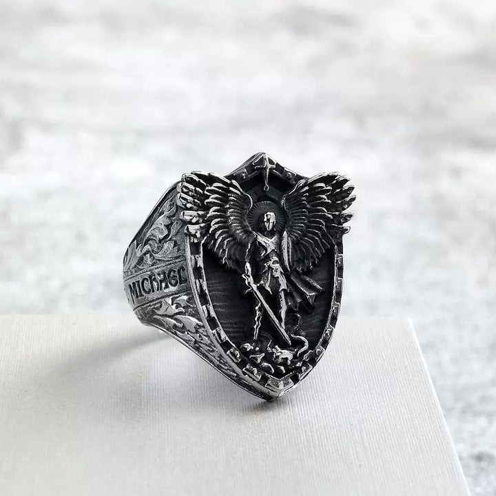 St. Michael Shield Embossed Guardian Signet Ring, S925 Silver Gold Tone / Antiqued Silver Religious Wide Band