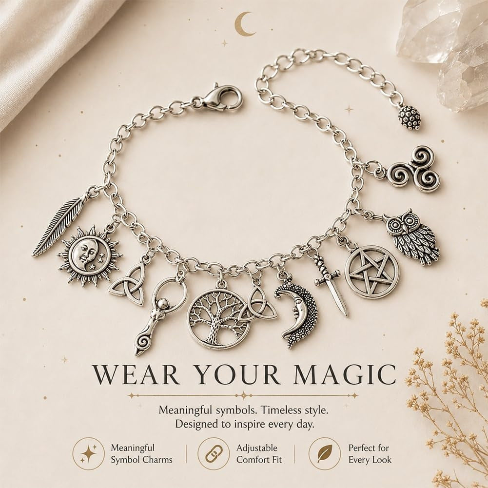Celtic Mystical Symbol Multi-Charm Antiqued Bracelet, Solid S925 Silver Pagan Witch Sun Moon Tree of Life Multi-Pendant Wrist Jewelry