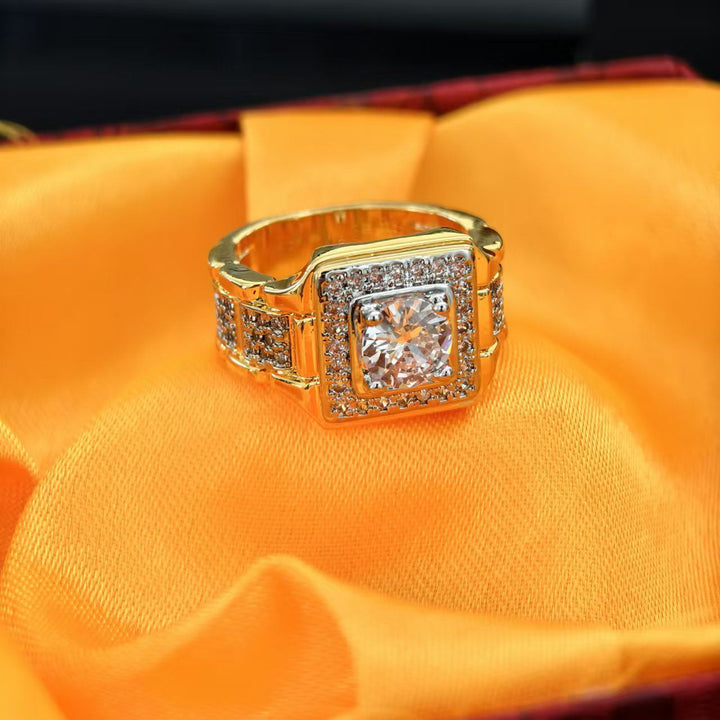 Square Center Stone Paved Two-Tone Men's Ring, Luxurious Two-Tone Diamond Business Band