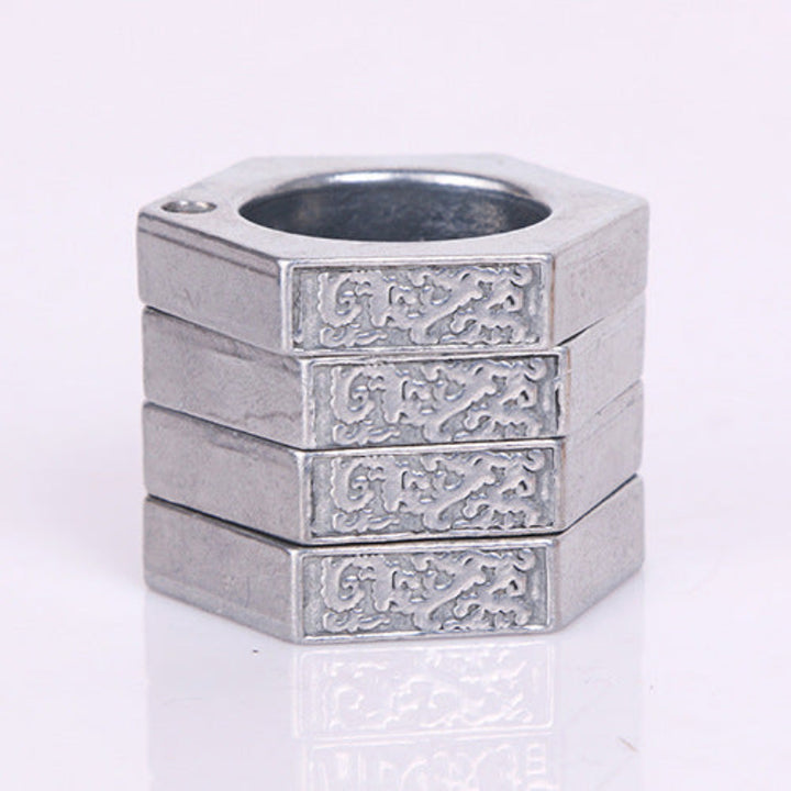 Hexagon Multi-Layer Rotatable Carved Thumb Ring, Titanium Steel Vintage Spinning Men Band, Self Defense Ring