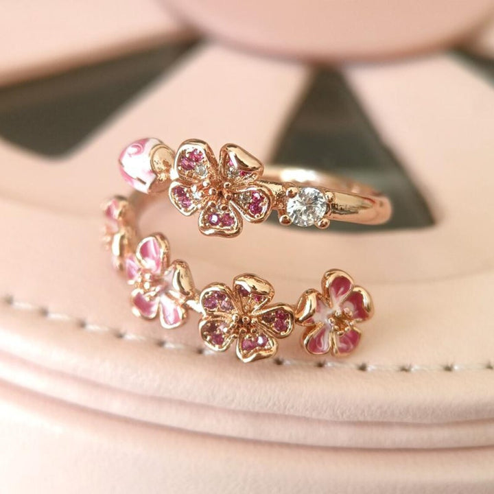Pink Floral Cluster Open Ring (Light Luxury Niche Romantic Band)