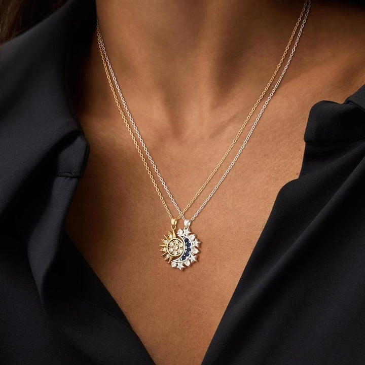 Detachable Sun & Moon Couple Necklaces, Multi-Color Paved Diamond Split Star Moon Pendant Dainty Clavicle Necklace