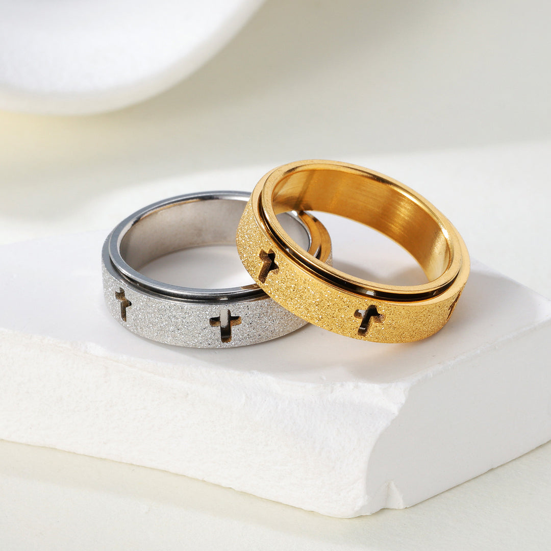 S925 Silver Matte Cross Spinner Ring, Two‑Tone Stress‑Relief Band for Men