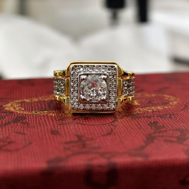 Square Center Stone Paved Two-Tone Men's Ring, Luxurious Two-Tone Diamond Business Band