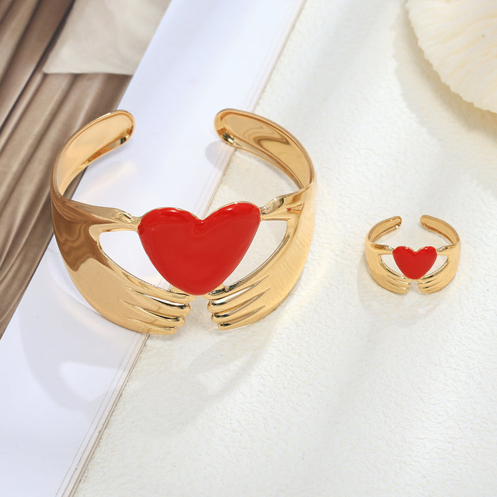 Fashion Elegant Heart Open Ring & Bangle Bracelet Set