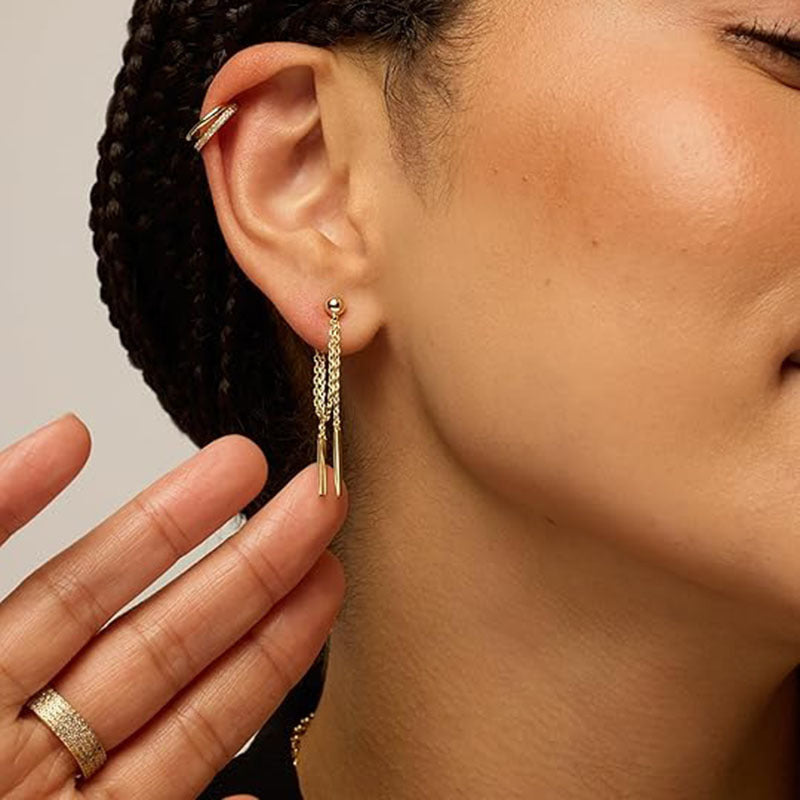 Double Chain Bar Tassel S925 Silver Stud Earrings, Minimal Long Drop Earrings Available in Gold & Silver Tone