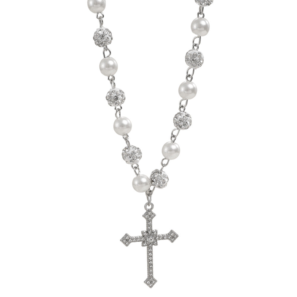 Pearl Shambhala Ball Cross Necklace, Vintage Hip Hop Adjustable Diamond Unisex Clavicle Chain for Men & Women