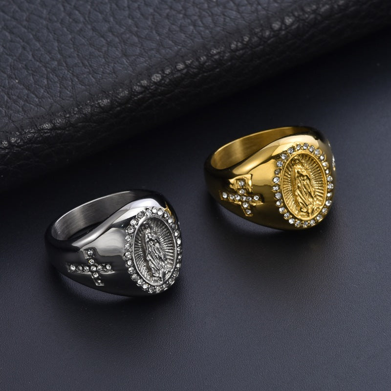 Our Lady of Guadalupe Diamond Oval Signet Ring, S925 Silver Gold & Silver Tone Catholic Prayer Wide Band