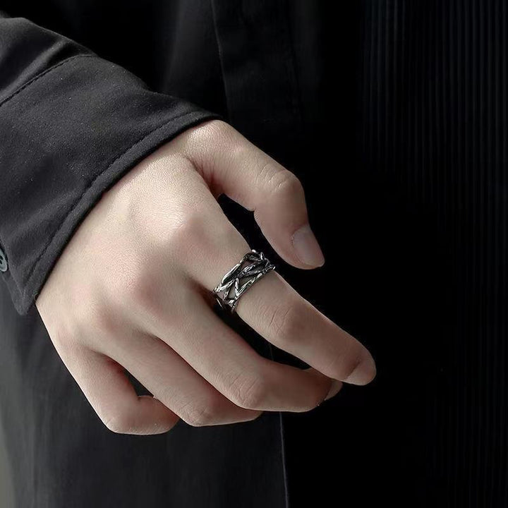 Antiqued Intertwined Thorn Hollow Ring, S925 Silver Dark Forest Style Unisex Open Band