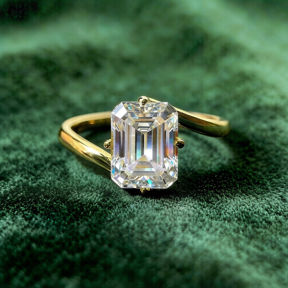 Rectangular Step Cut Twisted Shank 4-Prong Ring, Gold Minimalist Luxury Engagement Ring