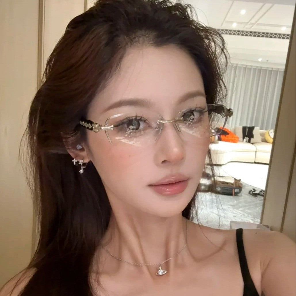 Carved Metal Rimless Business Glasses, Gold & Silver Luxury Beveled Optical Eyeglass Frame