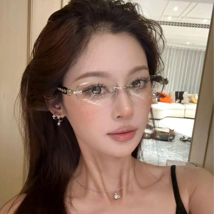 Carved Metal Rimless Business Glasses, Gold & Silver Luxury Beveled Optical Eyeglass Frame