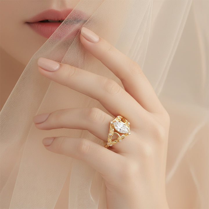 14K Gold Twig Marquise Center Diamond Ring (Vintage Palace Luxury Style)