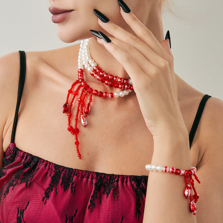 Gothic Bloody Crystal Tassel Necklace – Halloween Pearl Beaded Choker for Women