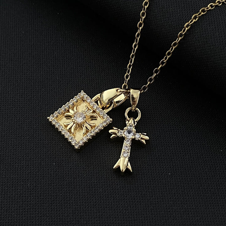 Full Diamond Lock + Cross Double Pendant Necklace (Cool Luxury Personalized Style)