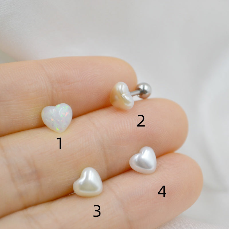 Sterling Silver Heart Opal Ear Studs, Lip Piercing, Tongue Piercing Jewelry