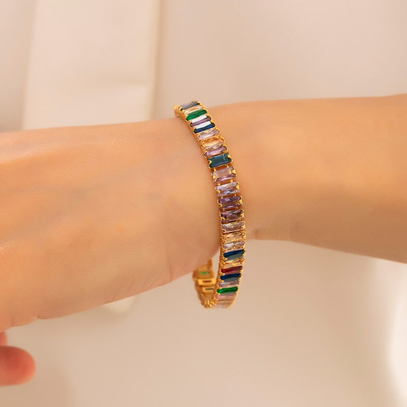 Baguette Cut Thin Tennis Bracelet, Gold & Silver / Rainbow Multi-Color Diamond Dainty Stackable Wrist Band