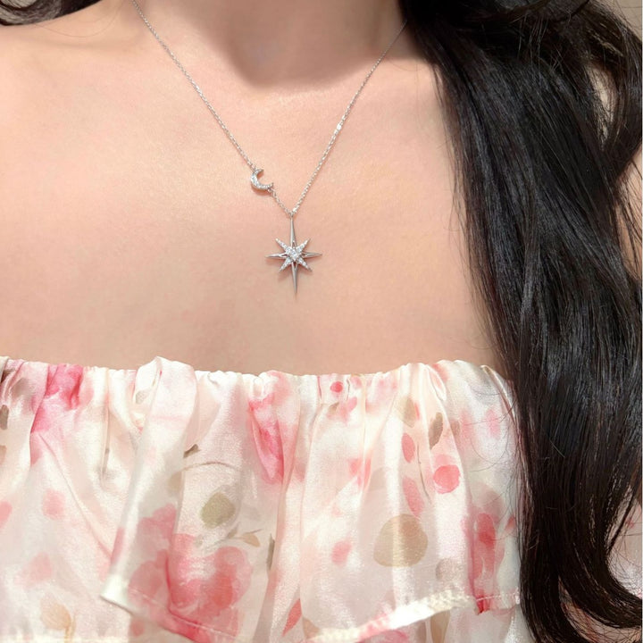 8-Point Star & Crescent Moon Dual Pendant Necklace, Gold Silver Two-Tone Luxury Women Choker