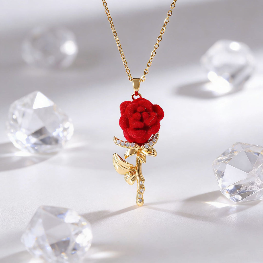Velvet Red Rose Series Gold-Plated Collarbone Necklaces, 4 Styles Vintage Romantic Rose Pendant Thin Chains, Valentine’s Day Gift Jewelry