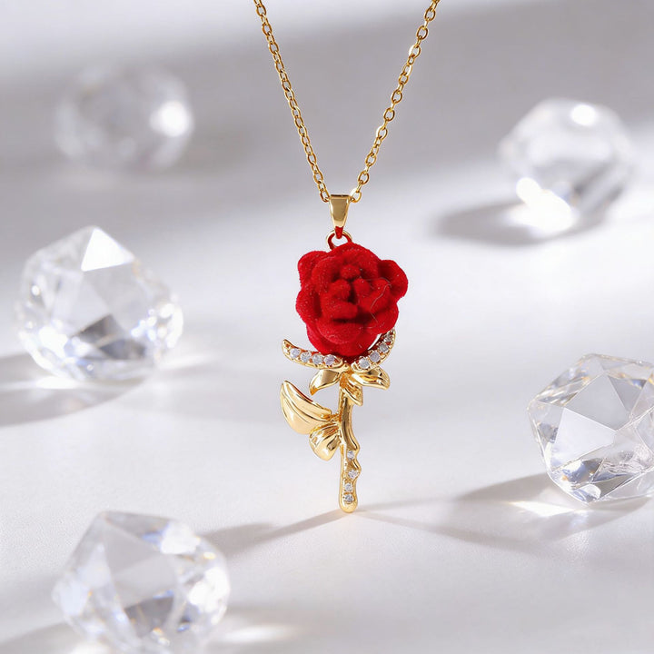 Velvet Red Rose Series Gold-Plated Collarbone Necklaces, 4 Styles Vintage Romantic Rose Pendant Thin Chains, Valentine’s Day Gift Jewelry